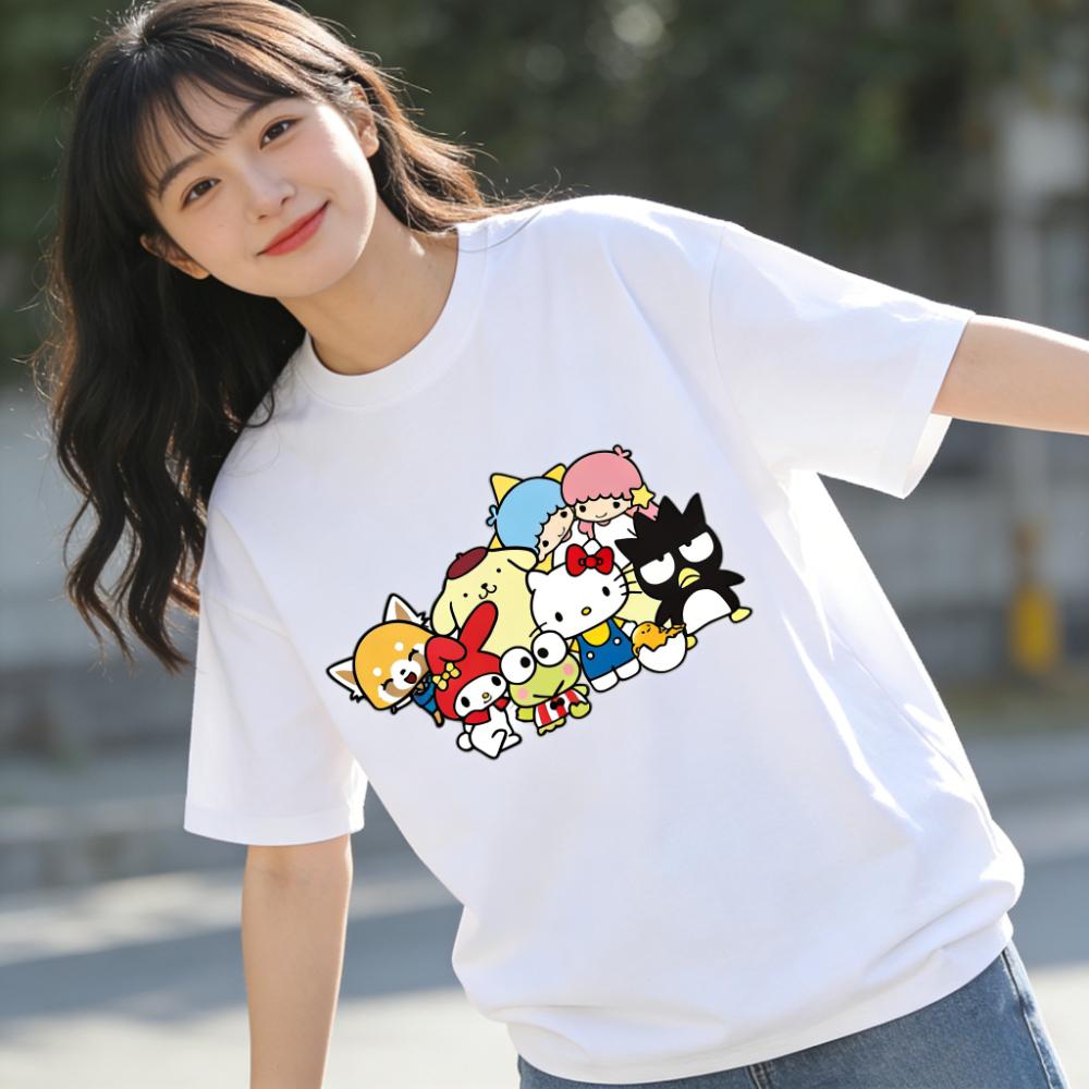 2026 New Sanrio Characters Group Cartoon Print Tshirt Family Matching Outfits Casual Short Sleeve Tee for Women Unisex Kids Tops