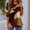 Autumn Colored Geometric Pattern Round Neck Long Sleeved Pullover Comfortable T-shirt