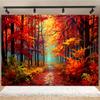 2D flat design, 1 piece, colorful autumn forest road background, suitable for studio use and as a banner.