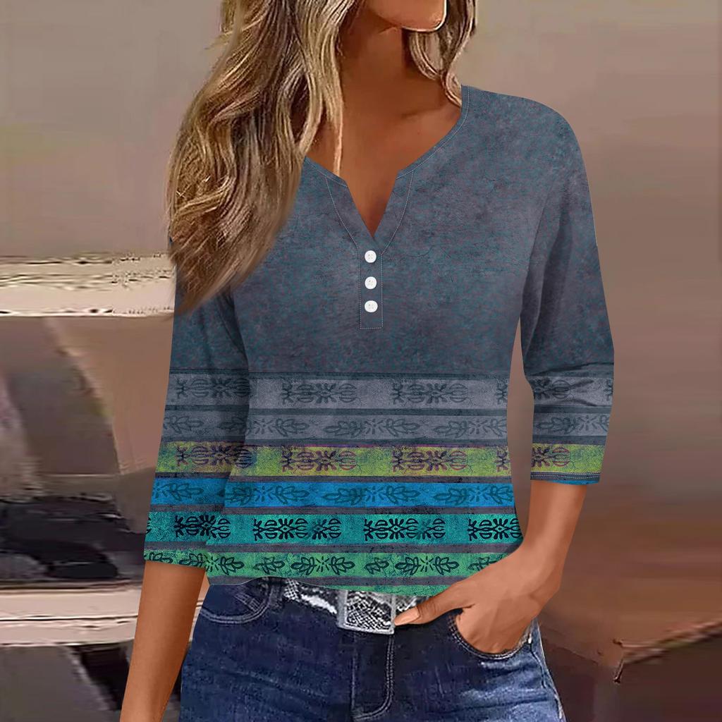 Жен. Футболка Футболка С принтом Пуговицы Рукав 3/4 Повседневные Выходные Мода Классический Классический V-образный вырез Обычный Верх