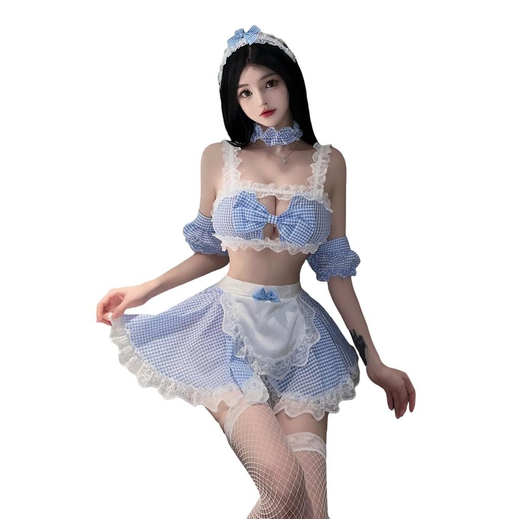 Sexy Maid Exposed Large Open Mini Halloween Fishnet Tights [YUEEI] Costume, Cosplay, Blue, Black, Checkered, Extreme, Hips, Bow, Back, Sleeveless,