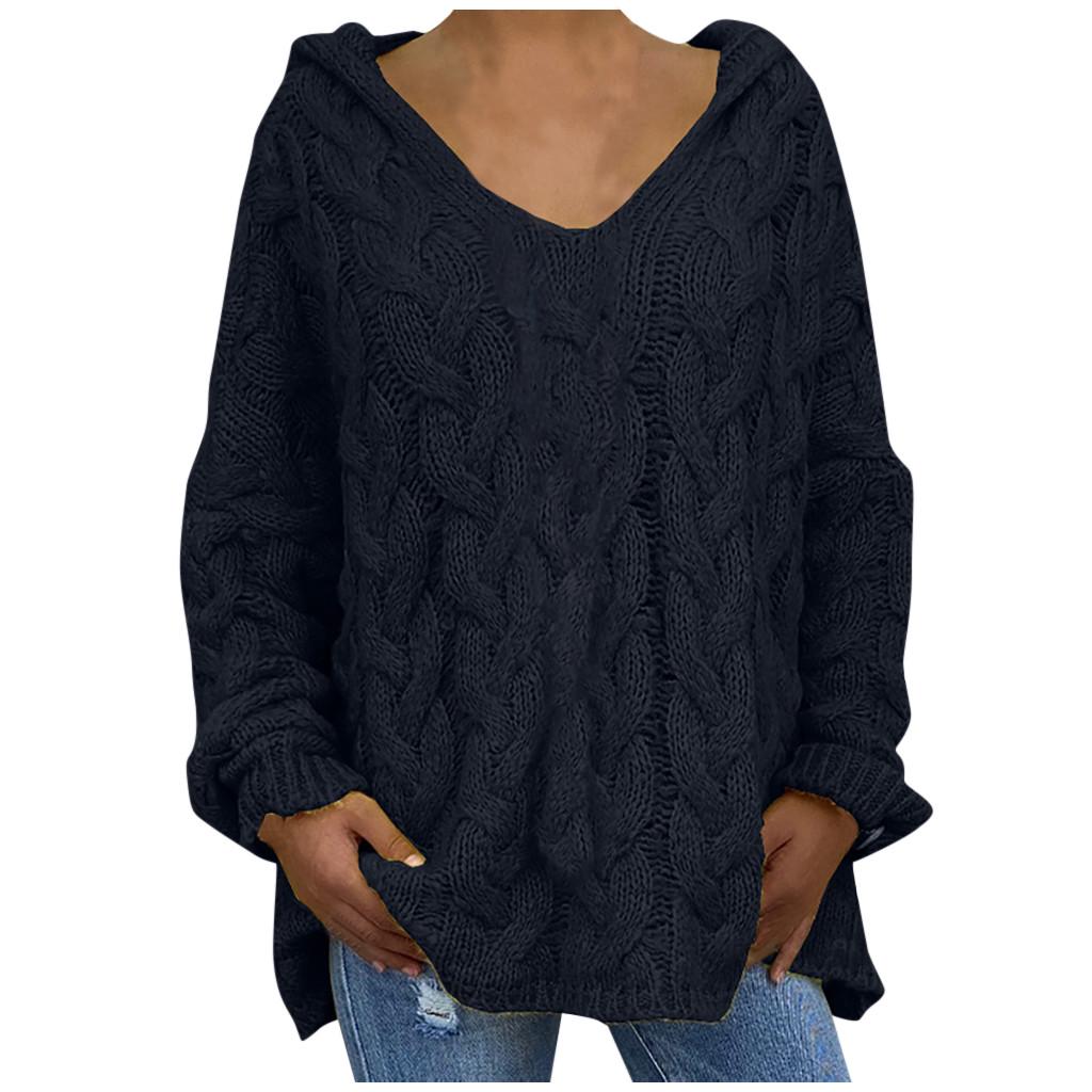 Women Fashion Loose Large Size Solid Color Hood Long Sleeves Sweater Tops