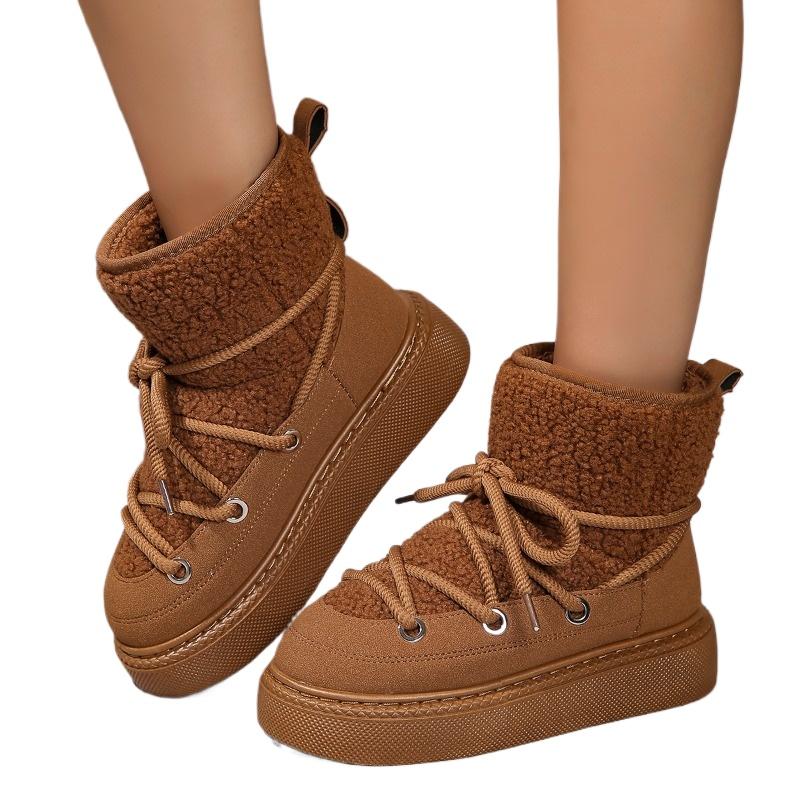 Зимние женские сапоги, модные, с круглым носком, однотонные, на среднем каблуке, на толстой подошве, замшевые, теплые, со шнуровкой, женские сапоги до середины икры