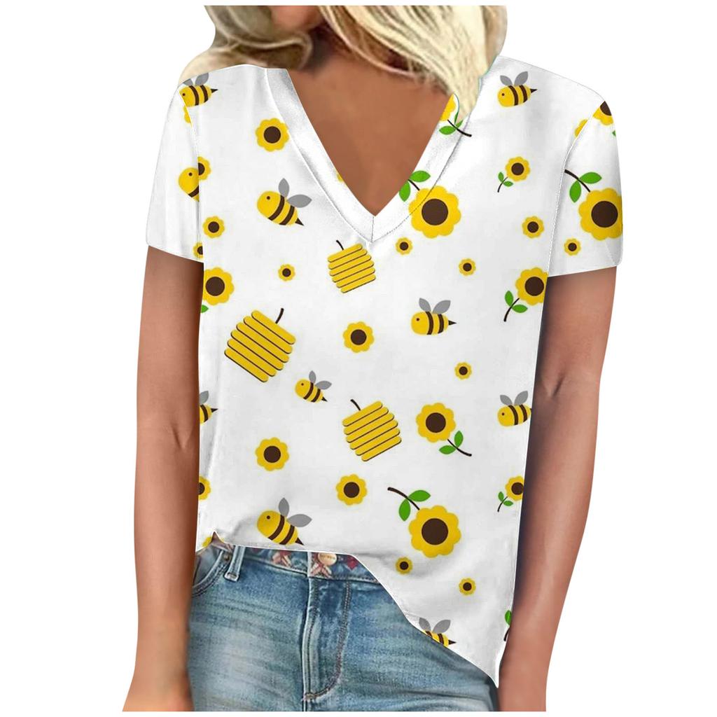 Винтажная женская футболка с принтом пчелы, с коротким рукавом, с V-образным вырезом, удобные футболки