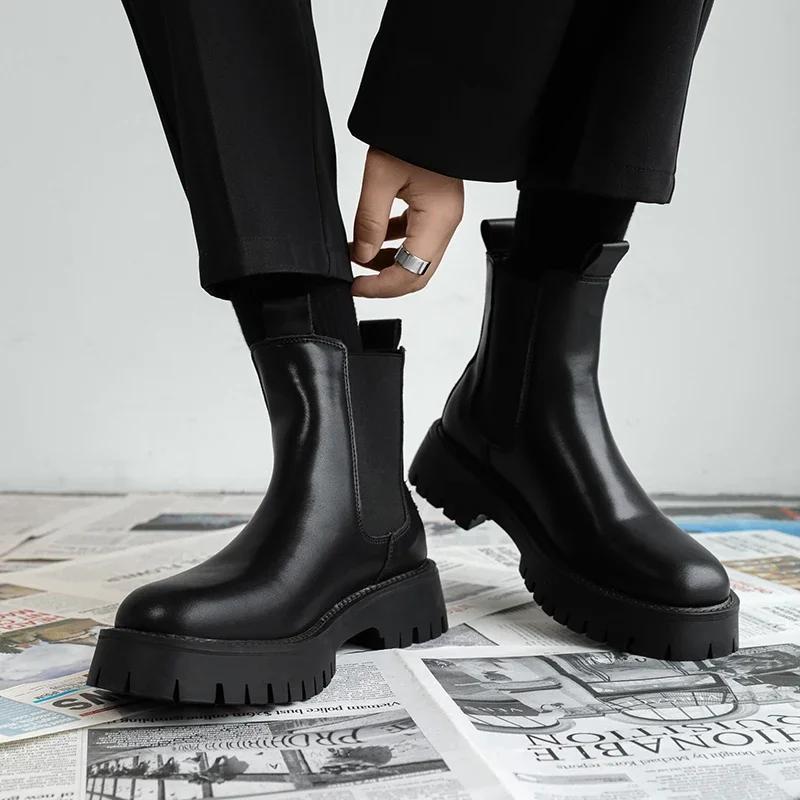 Уличные кожаные мужские ботинки без застежек на платформе, роскошные брендовые мужские зимние плюшевые ботинки для снега, модные универсальные мужские ботинки для мотокросса