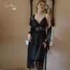 Women's Sheer Mesh Padded Push Up Long Cami Dress with Robe Lounge Set