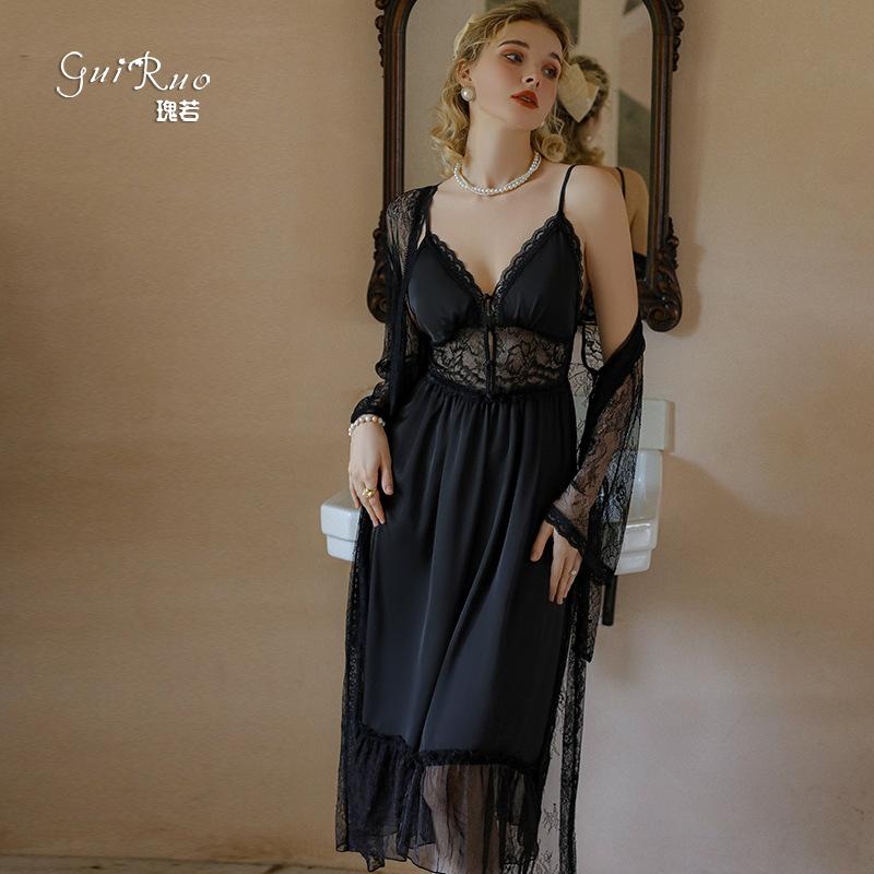 Women's Sheer Mesh Padded Push Up Long Cami Dress with Robe Lounge Set