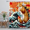Забавная японская шторка для душа с кошкой, винтажный арт Укиё-э Аниме Закат Большая волна, Эстетичный декор для ванной комнаты с животными, с крючками
