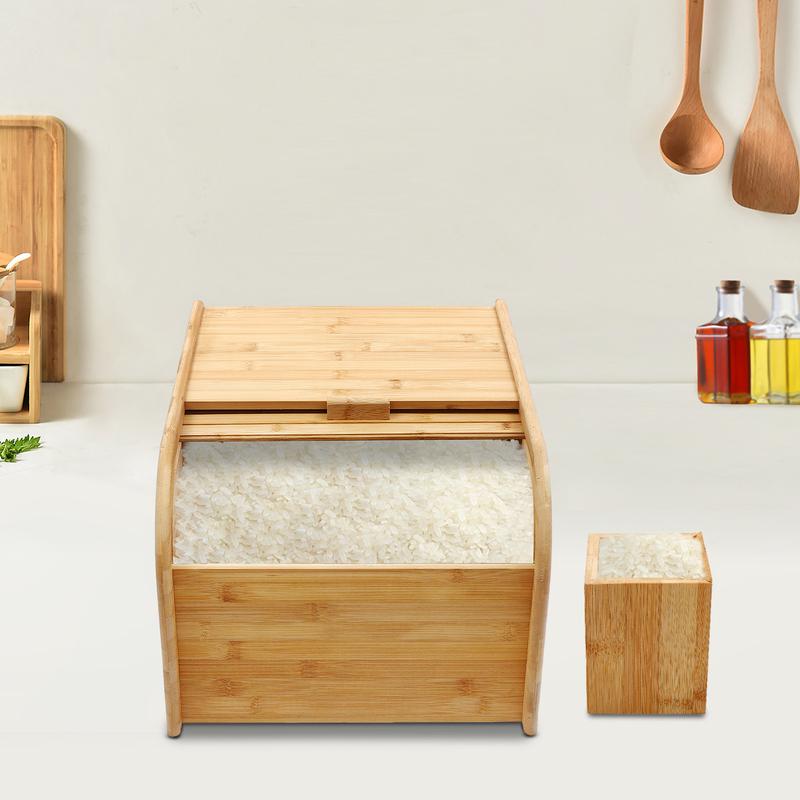 15kg Bamboo Rice Container Large Capacity Grain Storage Box Airtight Dry Food Bin with Rice Cup Free‑Standing Kitchen Organizer for Rice Beans Nuts