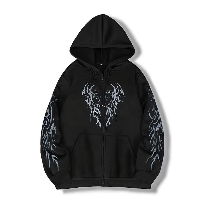 Y2K Streetwear Hooded Zip-Up Sweatshirt Teens Loose Fit Fall Casual Graphic Print Pullover