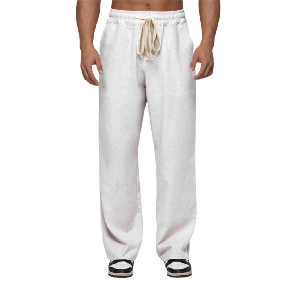 Мужские повседневные хлопково-льняные брюки, эластичный пояс на кулиске, летние пляжные брюки, легкие, свободного кроя, брюки для йоги