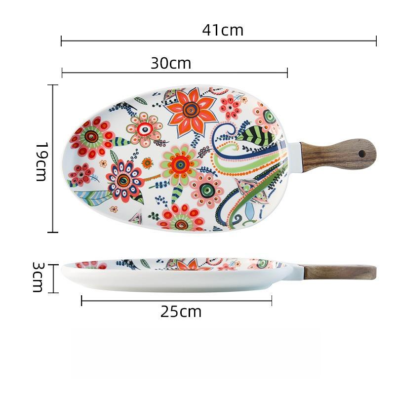 Colorful Floral Ceramic Handled Plate, Creative Decor Food Serving Dish with Solid Wood Handle, Microwave Unavailable