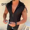 3D Cutting Vest Top Drawstring Fashion Summer Sport Sleeveless Hooded Sweatshirt