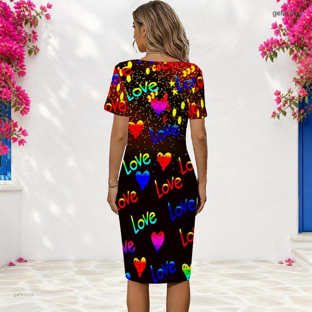 Women Plus Size Round Neck Short Sleeve Red Rose Printed White Fitted Dress