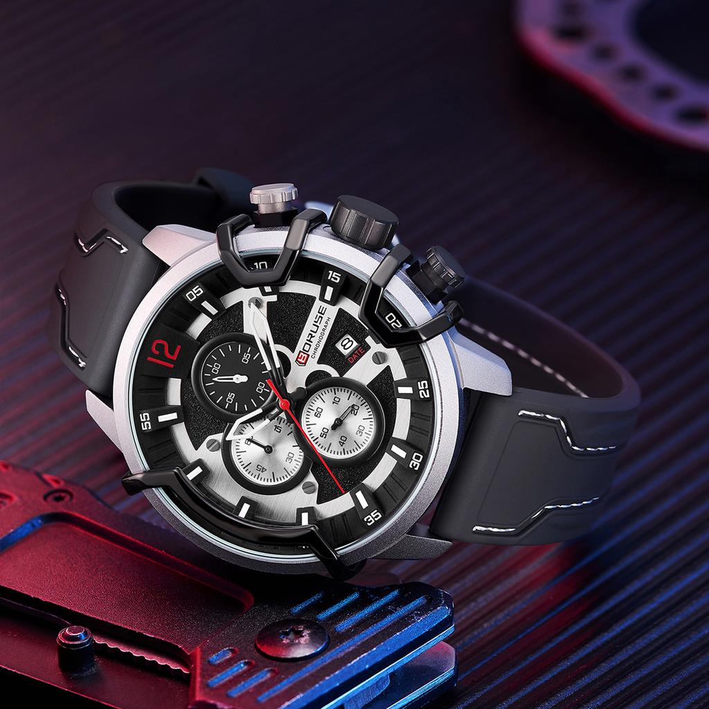 BORUSE Fashion Men's Watch Pointer Quartz Men's Watch Large Dial Men's Watch Calendar Men's Watch Silicone Strap Watch for Men