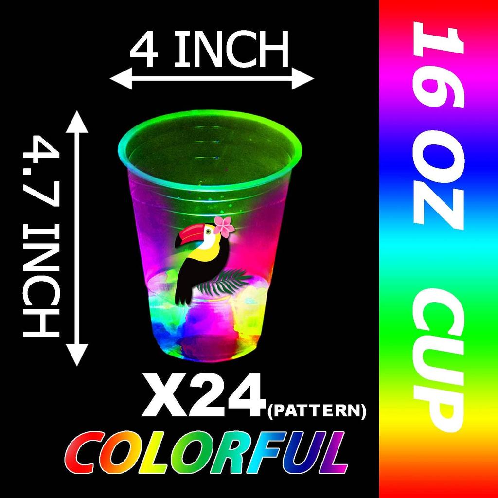 mishunyus 24 Pcs Glow Hawaiian Luau Party Cups, Flashing Tiki Party Cups, Tropical Luau Party Decorations Hawaiian Party Supplies Favor (16oz)