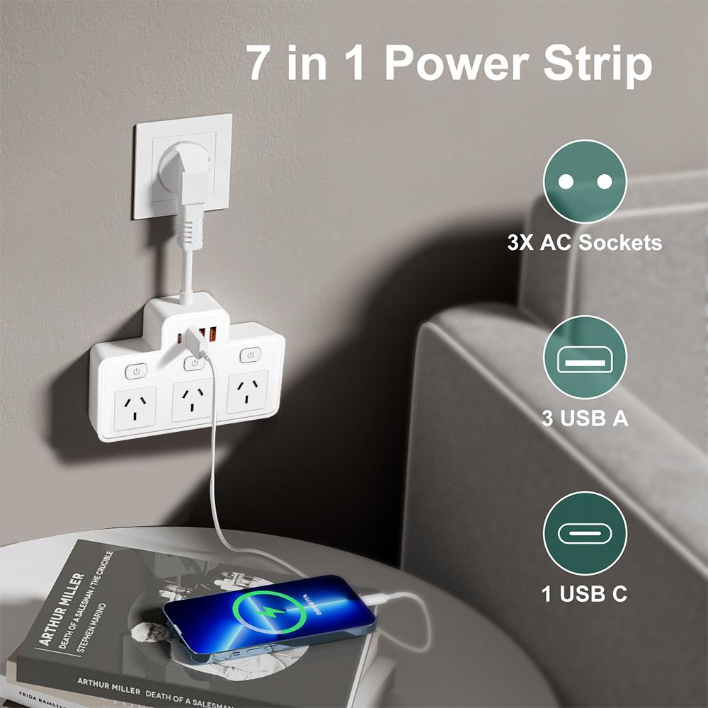 AU Plug Power Strip Wall Mounted Independent Switch Power Socket With 3 USB Ports 1 Type C Ports Charging Network Filter Adapter