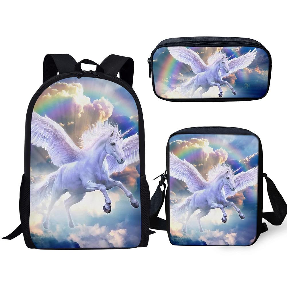 Fashion Novelty Rainbow Unicorn 3D Print 3pcs/Set Pupil School Bags Laptop Daypack Backpack Inclined Shoulder Bag Pencil Case