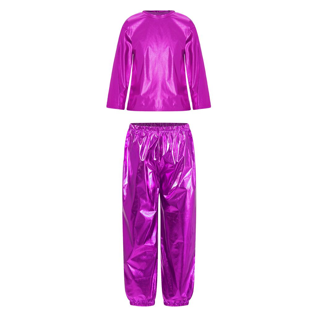 Girls Dance Party Outfit Metallic Shiny Long Sleeve Round Neck T Shirt with Performance Pants Set