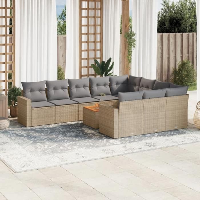 VidaXL Salon de Jardin avec Coussins 11 pcs, Canapés de Patio, Ensemble de Meubles, Mobilier de Terrasse Extérieur, Beige 3224302