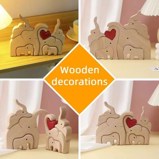 Wooden Elephant Family Puzzle Ornament Love Heart Mother Father Baby Elephant Jigsaw Table Sign Home Office Desktop Decoration