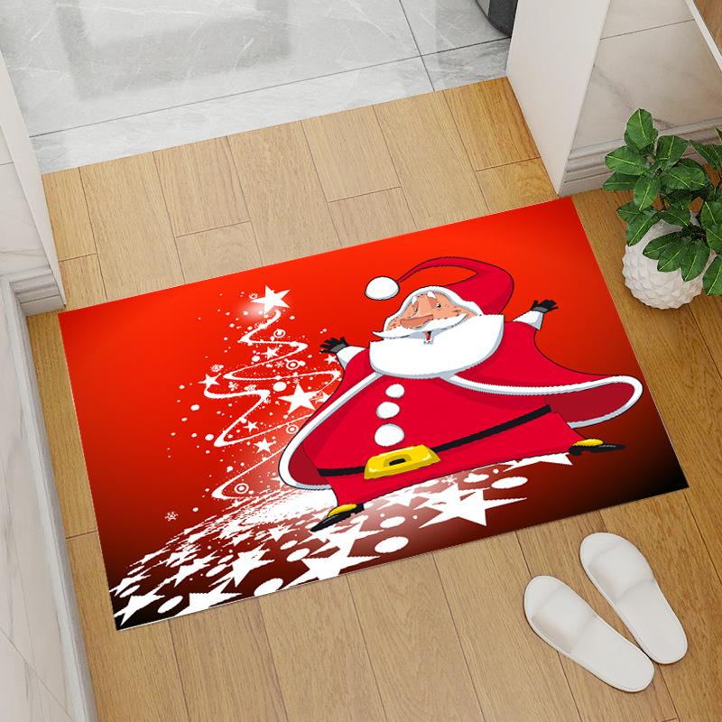 Red Coral Fleece Christmas Floor Mat with Santa Claus and Tree Design