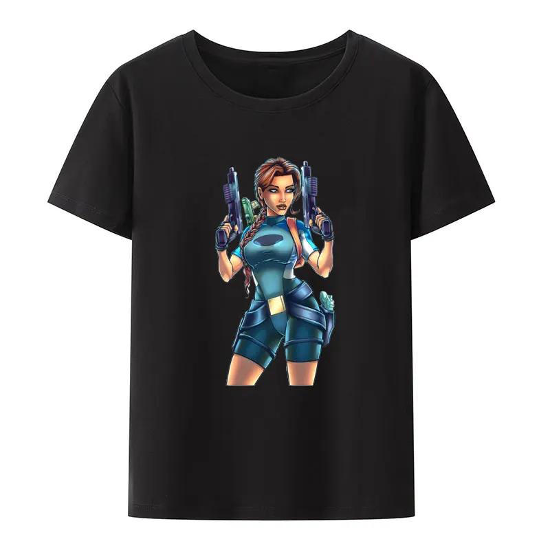 Tomb Raider Лара Крофт Черно-белый принт Футболка Мужская Женская Короткий рукав Круглый вырез Модная Уличная одежда Креативная Популярная Хипстерская Футболка