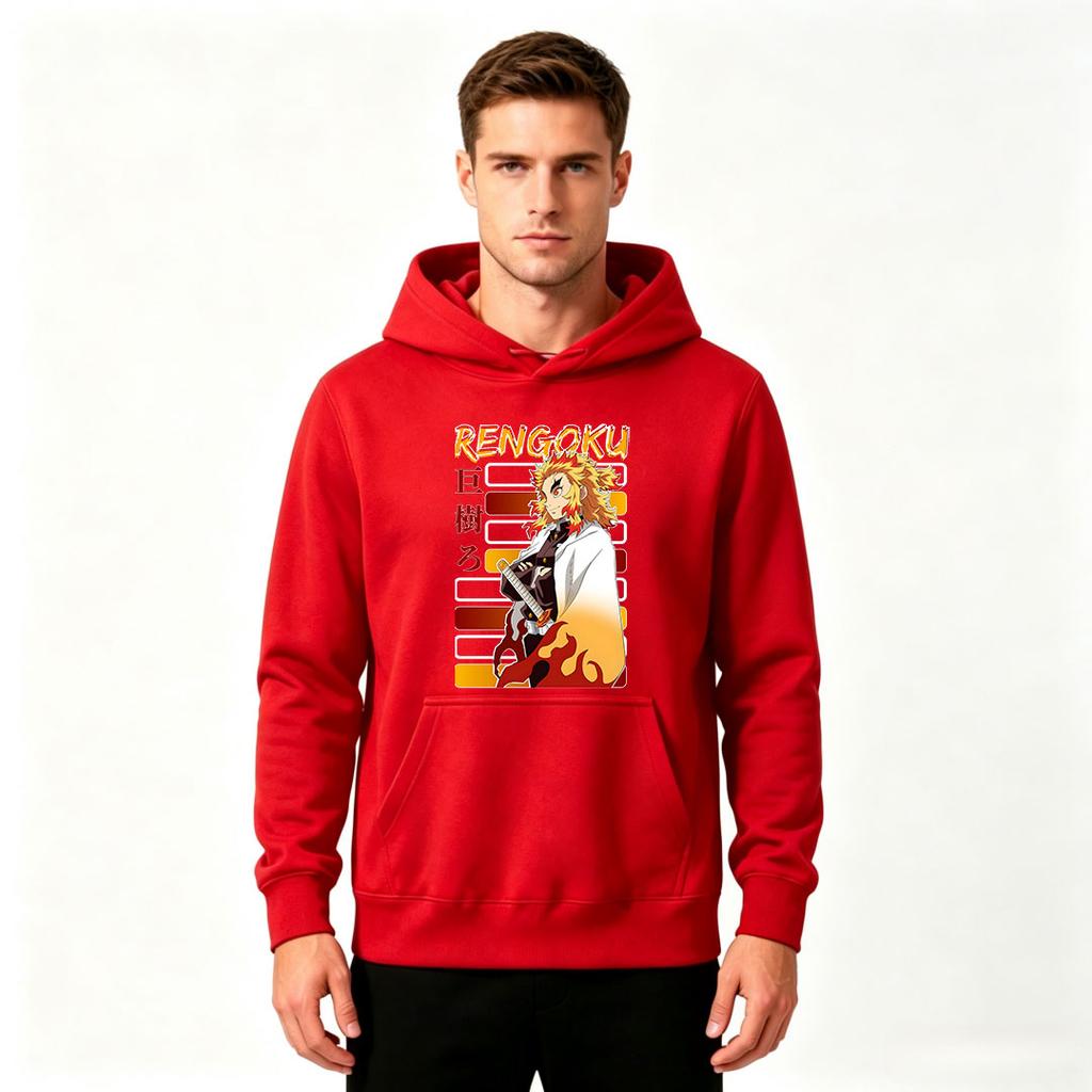 Men Anime Rengoku Print Pullover Hoodie Casual Long Sleeve Loose Sweatshirt for Daily Wear