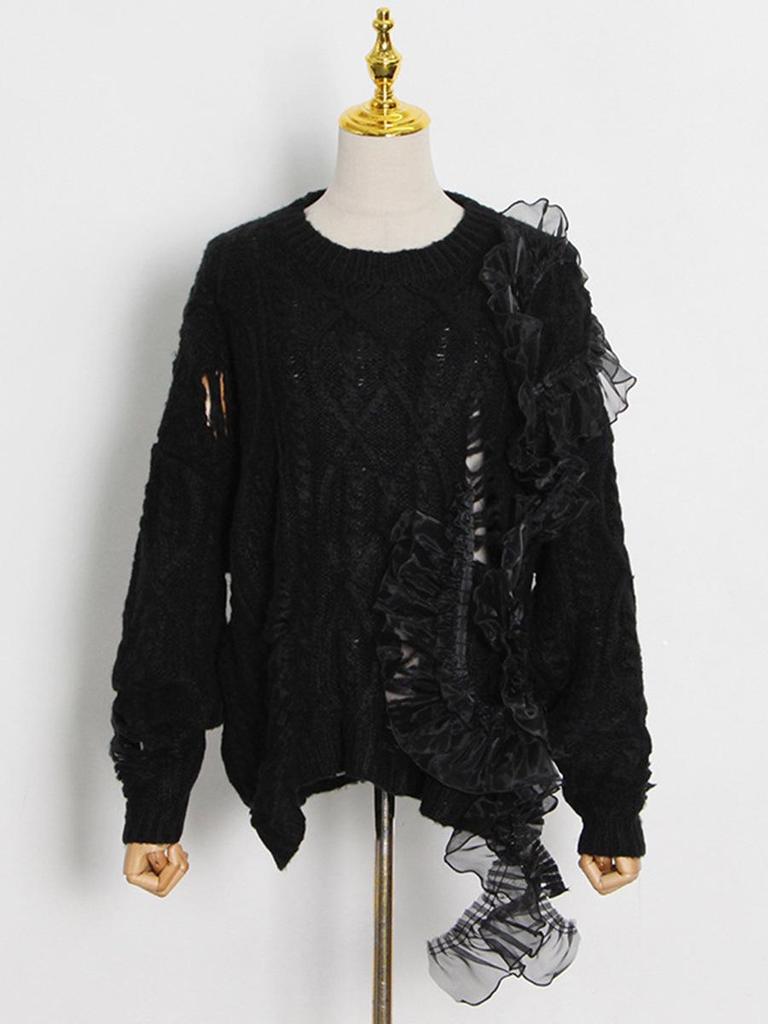 Autumn 2026 Japanese Style Knit Top: Round Neck Mesh Hollow Sweater for Women