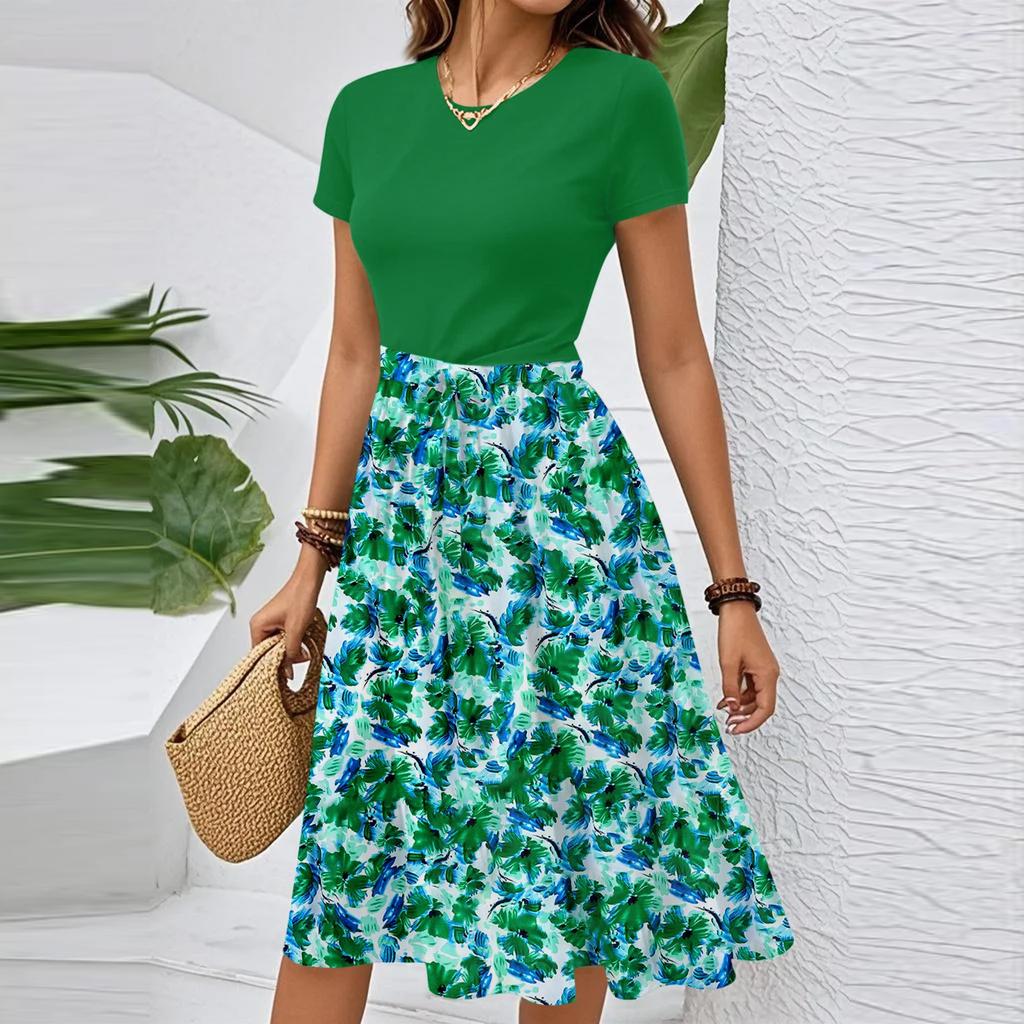 Women's Casual Fashion Belted Floral Print Short Sleeve Round Neck Elegant Dress
