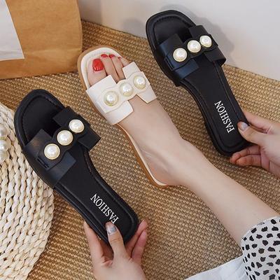 Женская удобная верхняя одежда Pearl Flat, модные элегантные туфли на плоской подошве, тапочки в корейском стиле, бежевые, черные, на низком каблуке, повседневные пляжные шлепанцы