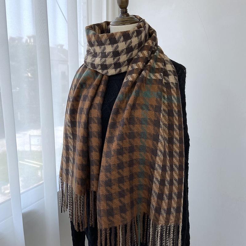 New Houndstooth Scarf for Women In Winter Versatile Korean Style Imitation Cashmere Autumn and Winter Warm Thickened Scarf Shawl Trendy