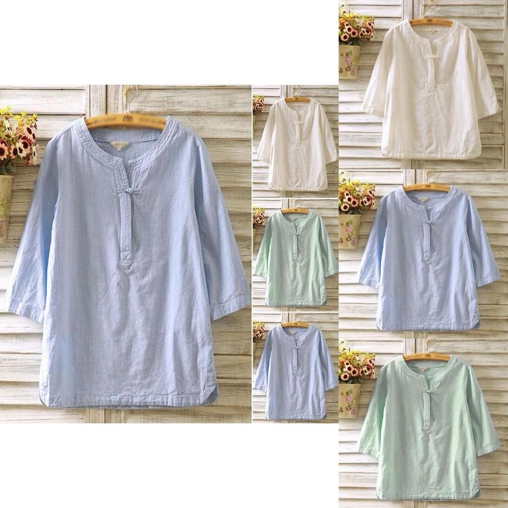 Elegant Women Vintage Cotton Linen Blouse With Flax Loose 3/4 Sleeve Tunic