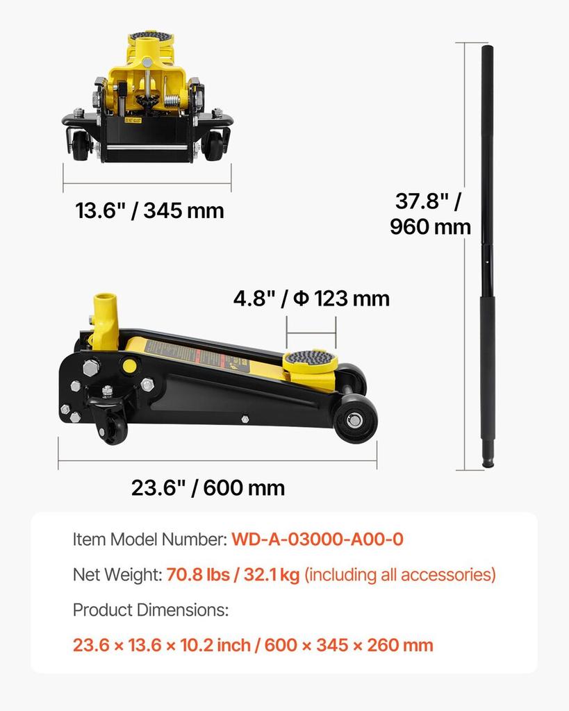 Low Profile Floor Jack 3 Ton Heavy Steel Single Piston Hydraulic Pump