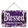 Blessed Wooden Wall Plaque - 2D Flat Wooden Sign 30*20cm with Floral Design, Purple & White, Includes Flax Rope for Easy Hanging, House Decor