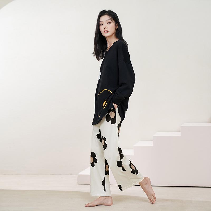 Женский пижамный комплект из чистого хлопка с длинными рукавами и нагрудными накладками — большой размер, весна/осень 2025 г.