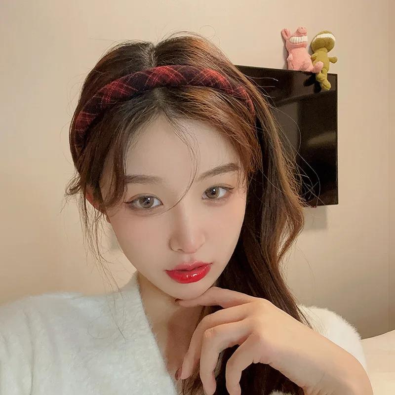 Французская ретро повязка на голову из губки женская в студенческом стиле клетчатая повязка для волос элегантный темперамент обруч для волос аксессуары для волос для девочек