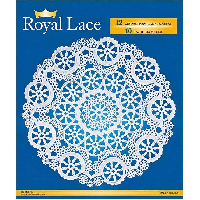Royal Consumer Medallion Lace Round Paper Doilies, 10-Inch, Pack of 12 (B23005), White