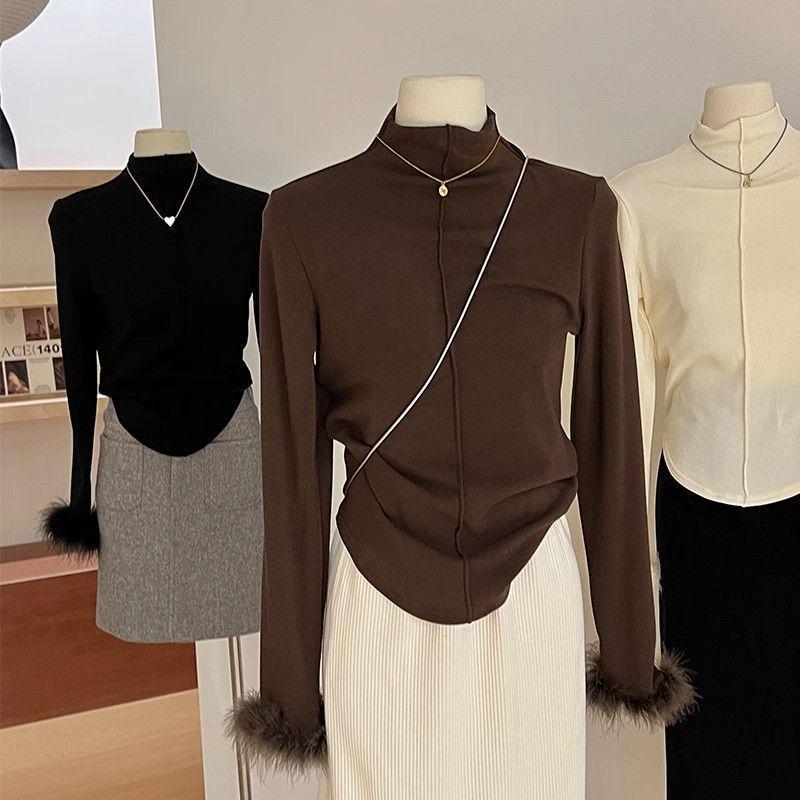 Женская приталенная рубашка с длинным рукавом из меха с начесом на осень/зиму