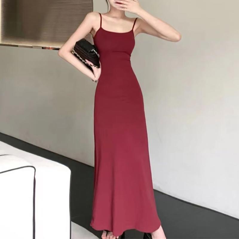 Spaghetti Strap Dresses Women Retro Sexy Slim Simple Daily Streetwear Midi Trendy Pure Summer Ladies Sleeveless