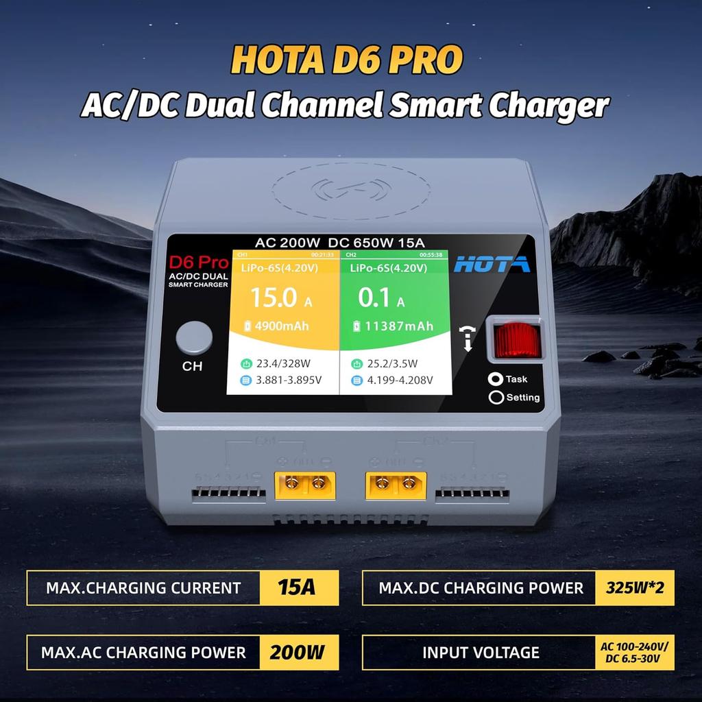 D6 Pro Lipo Battery Charger Dual Channel Smart Charger AC200W DC650W Balance Charger for RC Lipo NiMH Battery Drone Spare Parts