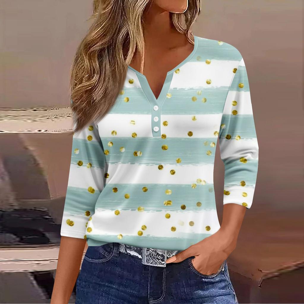 Жен. Футболка Футболка С принтом Пуговицы Рукав 3/4Ежедневно Выходные Мода Классический Топ с v-образным вырезом Обычный
