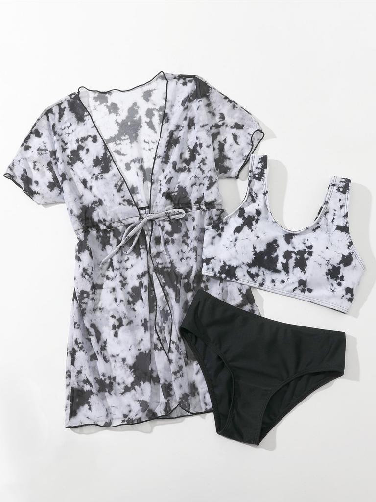 Tween Girls' Fashion 3 Pieces Floral Printed Swimwear Set Solid Tank Top Briefs and Short Sleeves Lace Up Cover-Up Swimsuit Children's Bathing Suit