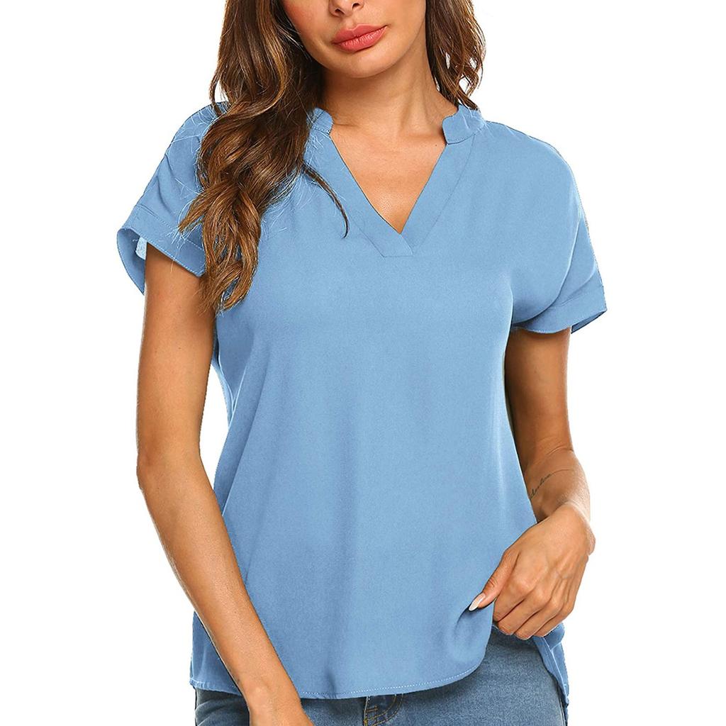 Модная женская летняя футболка с коротким рукавом и v-образным вырезом, шифоновая блузка, однотонная