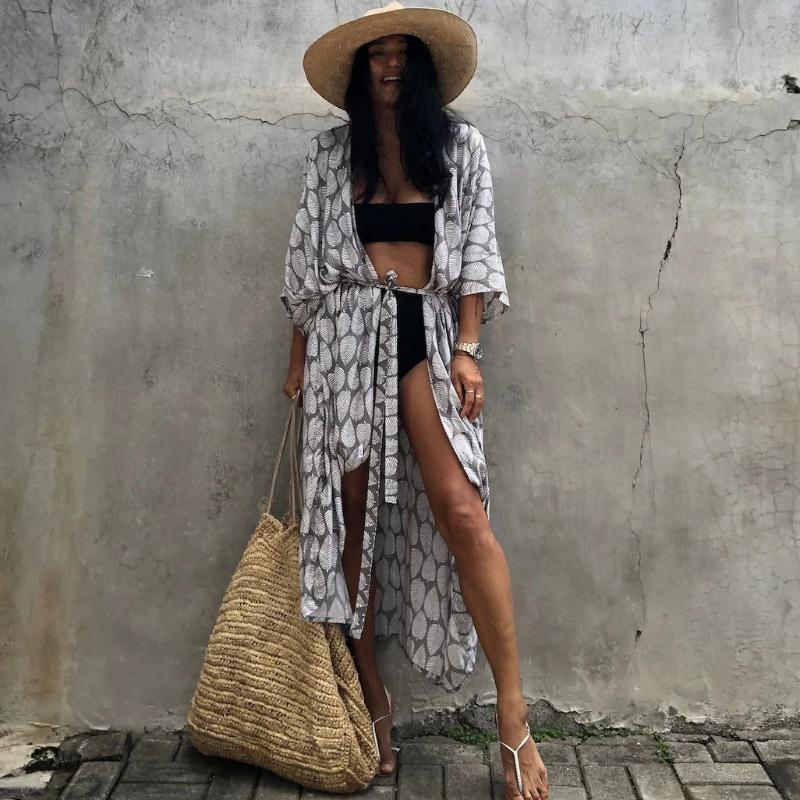 Накидка для купальника, пляжная накидка для женщин, летние листья, принт, длинный кимоно, кардиган, хлопок, пляжная одежда