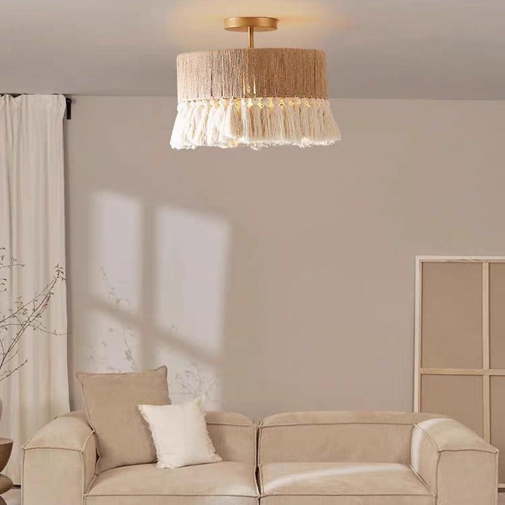 JOYINLED Hand Woven Hemp Rope Chandelier 30/40/50/60cm Large Drum Pendant Light with Tassel Boho Farmhouse Lighting E27 Lamp