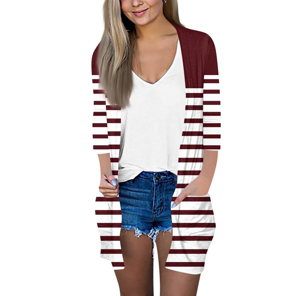 Женский модный свободный повседневный кардиган с принтом и карманами, куртка с рукавом семь восьмых, топ