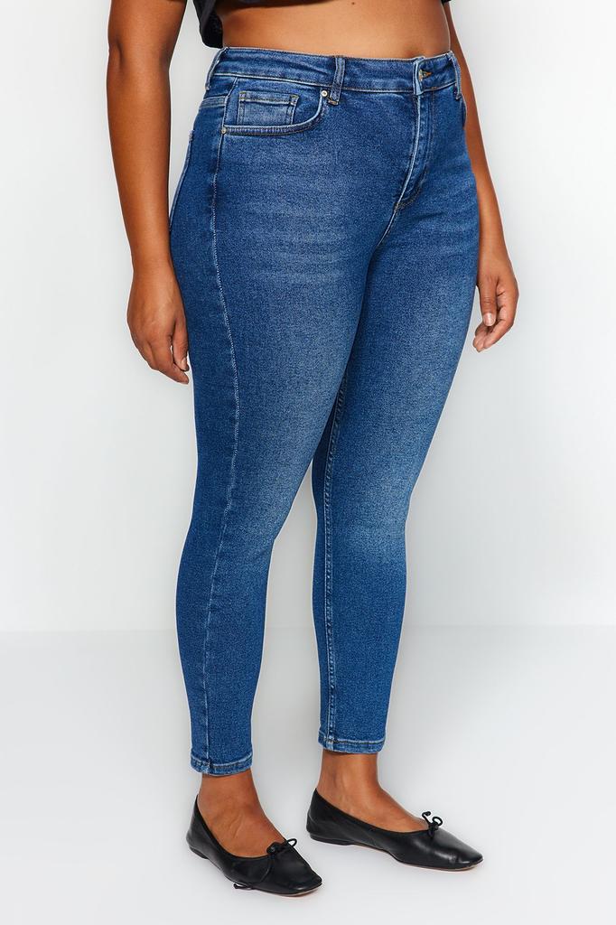 Женский стиль, большие размеры, темно-синие эластичные джинсы скинни с высокой талией