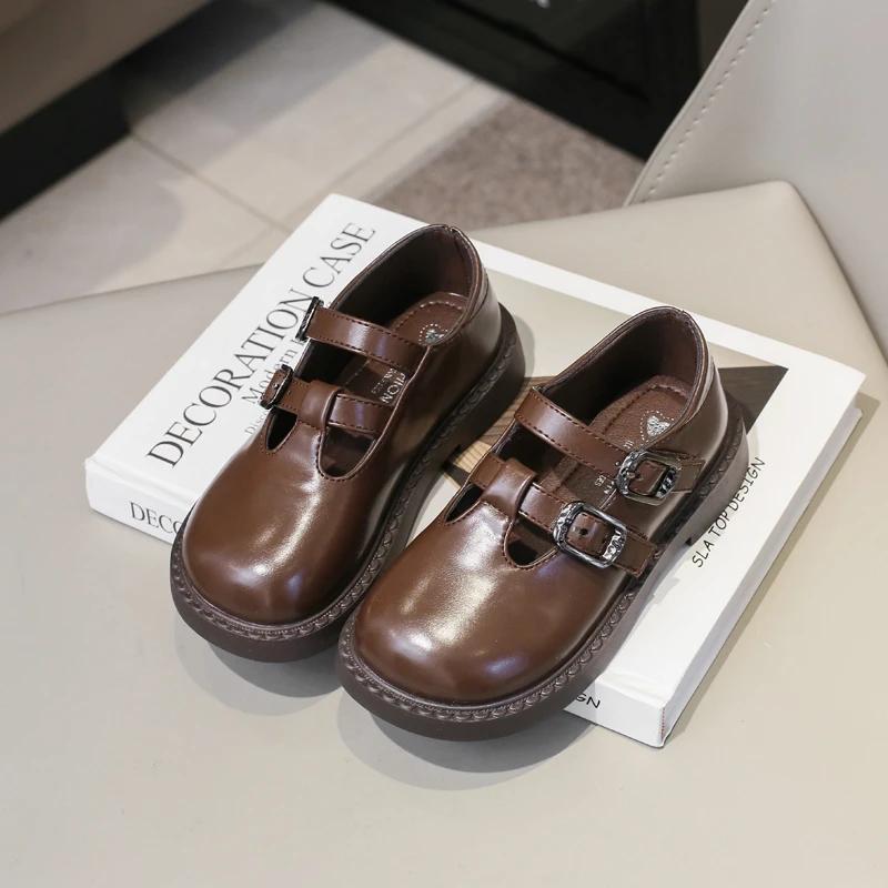 Кожаные туфли для девочек в британском стиле на весну и осень 2024 г. Новая детская повседневная обувь на липучках Универсальная детская школьная обувь