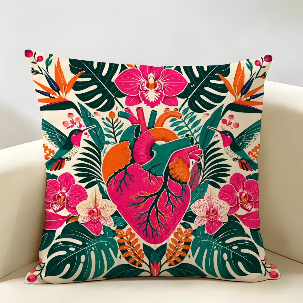 Anatomical Heart Maximalist Floral Art Cushion Cover Durable Hypoallergenic Organic Linen Pillow Cover Washable SkinFriendly
